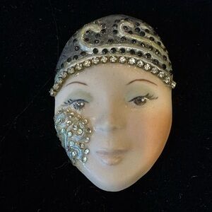 Vintage Hand Painted and Signed Porcelain Flapper‎ Girl Face Brooch